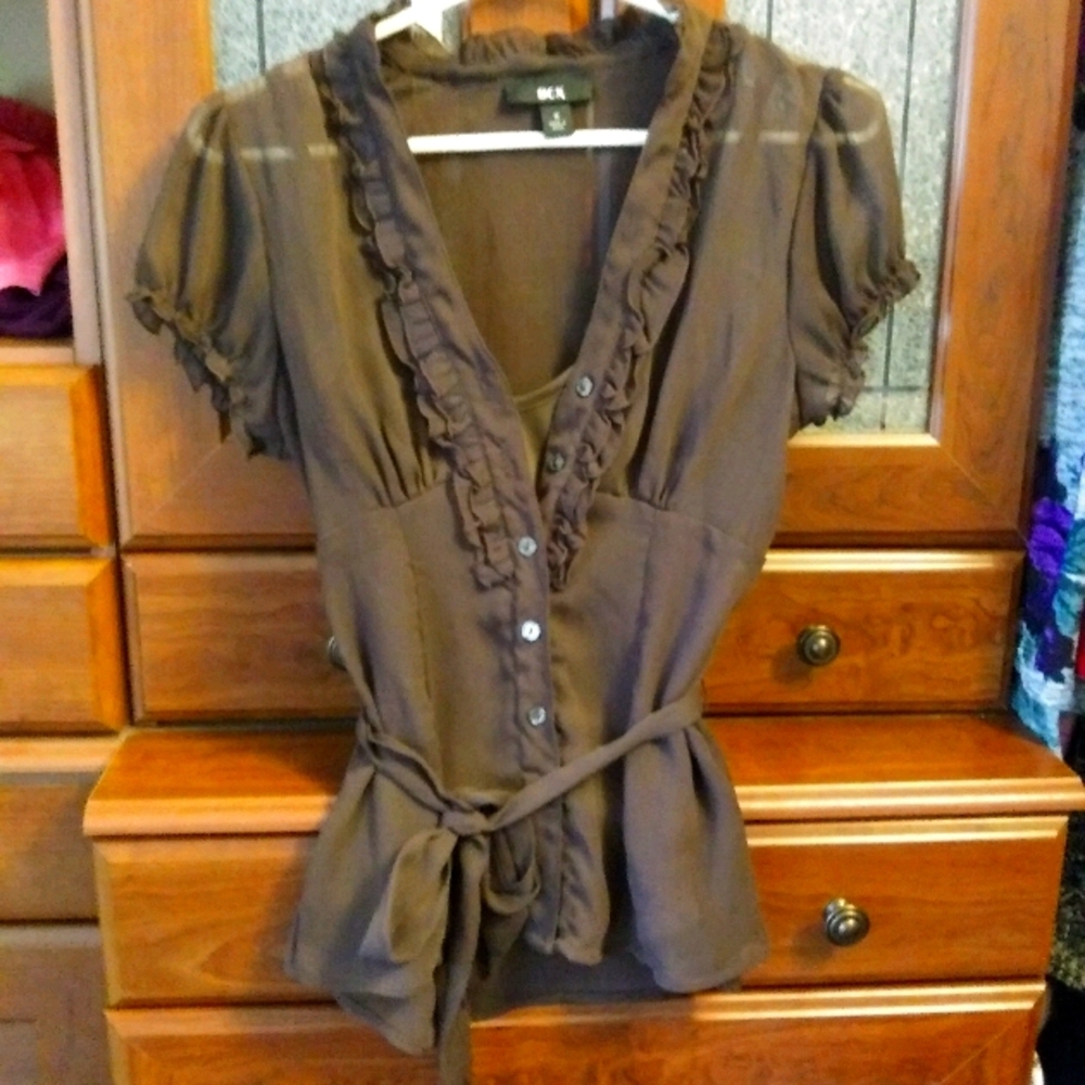 BCX Sheer Buttonup Short Sleeve With Cami Brown M